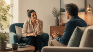 A calm coaching conversation where one person listens attentively while the other feels heard and understood