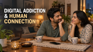 Digital addiction and human connection, shown by an Indian couple reconnecting in a warm Indian home while a phone rests aside