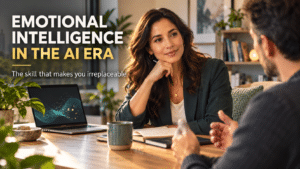 Emotional intelligence in the AI era with the text Emotional Intelligence in the AI Era, the skill that makes you irreplaceable