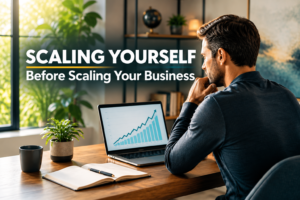 Scaling yourself before scaling your business, shown by an entrepreneur reflecting on growth