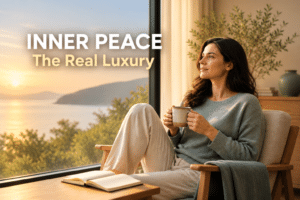Inner peace is the real luxury, shown by a calm woman with tea beside a bright window