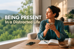 Being present in a distracted life, shown by a calm woman with tea, journal and phone set aside