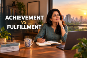 Achievement versus fulfillment, shown by an Indian professional reflecting on meaningful success