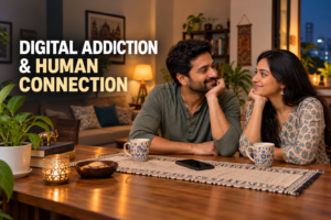 Digital addiction and human connection, shown by an Indian couple reconnecting at home